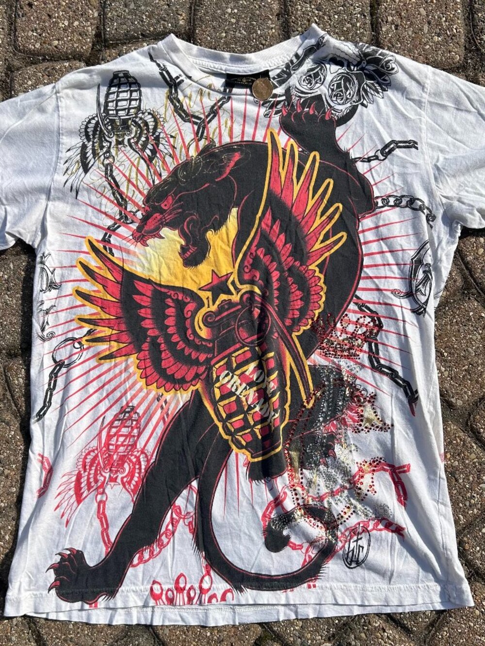 Vintage Ed Hardy by Christian  Audigier Winged Grenade Panther Rhinestone XL Tee